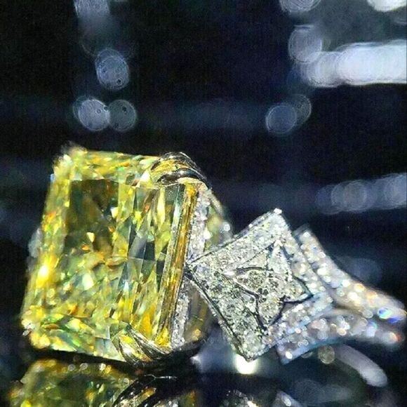 Yellow 3 Ct. Sapphire with Clear White Baguette Diamond Cocktail Ring 925 - Picture 1 of 5